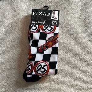 Disney Pixar Black & White Checkered Crew Socks with Red Car Design (Size 9-13)